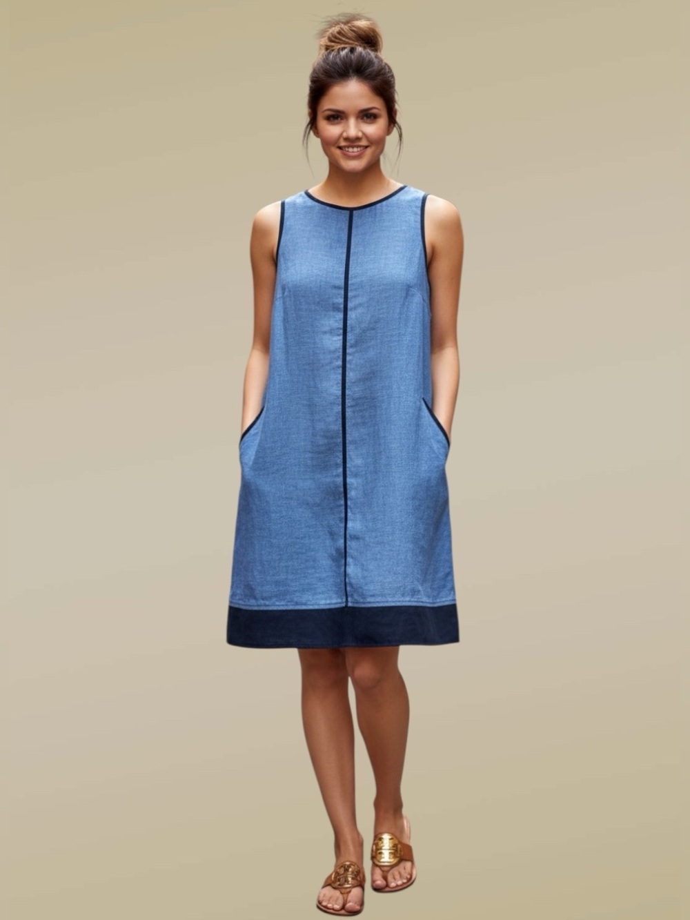 J. Jill Love Linen Chambray Navy Blue Trim Shift Dress Medium Lagenlook Coastal